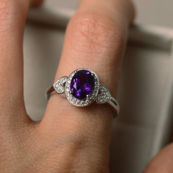 🦋    925 Silver Plated Purple Oval Cut CZ Birthstone Ring, FB16FA1135 - Picture 8 of 11